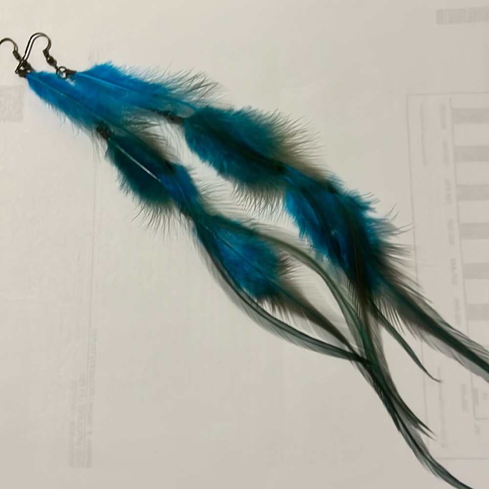 Bohemian blue feather and chain earrings